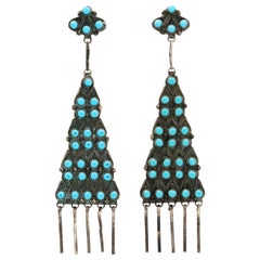 Signed Native American Navajo Long Silver and Turquoise Pyramid Drop Earrings