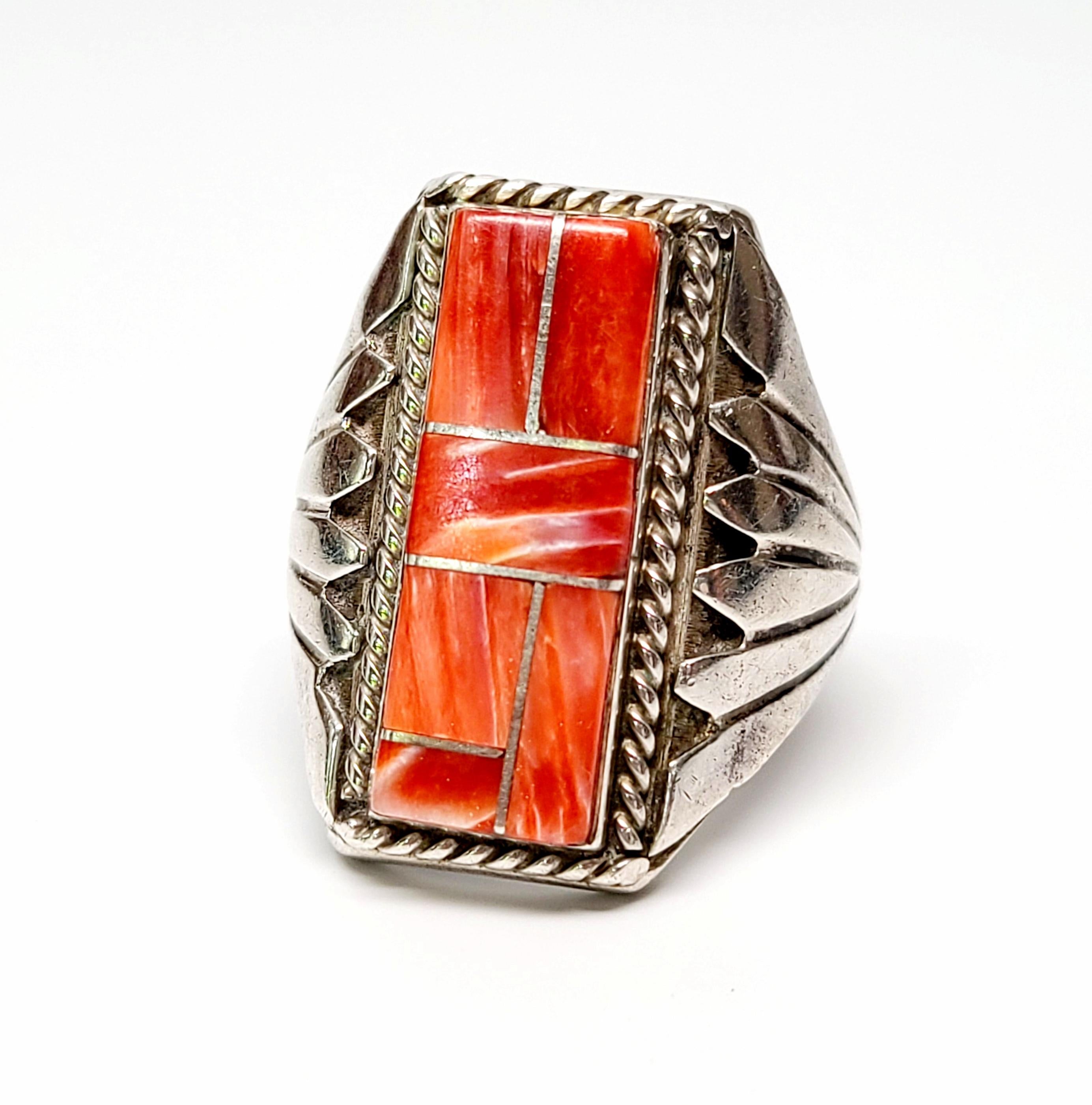 Women's or Men's Signed Native American Sterling Silver Spiny Oyster Inlay Men's Ring
