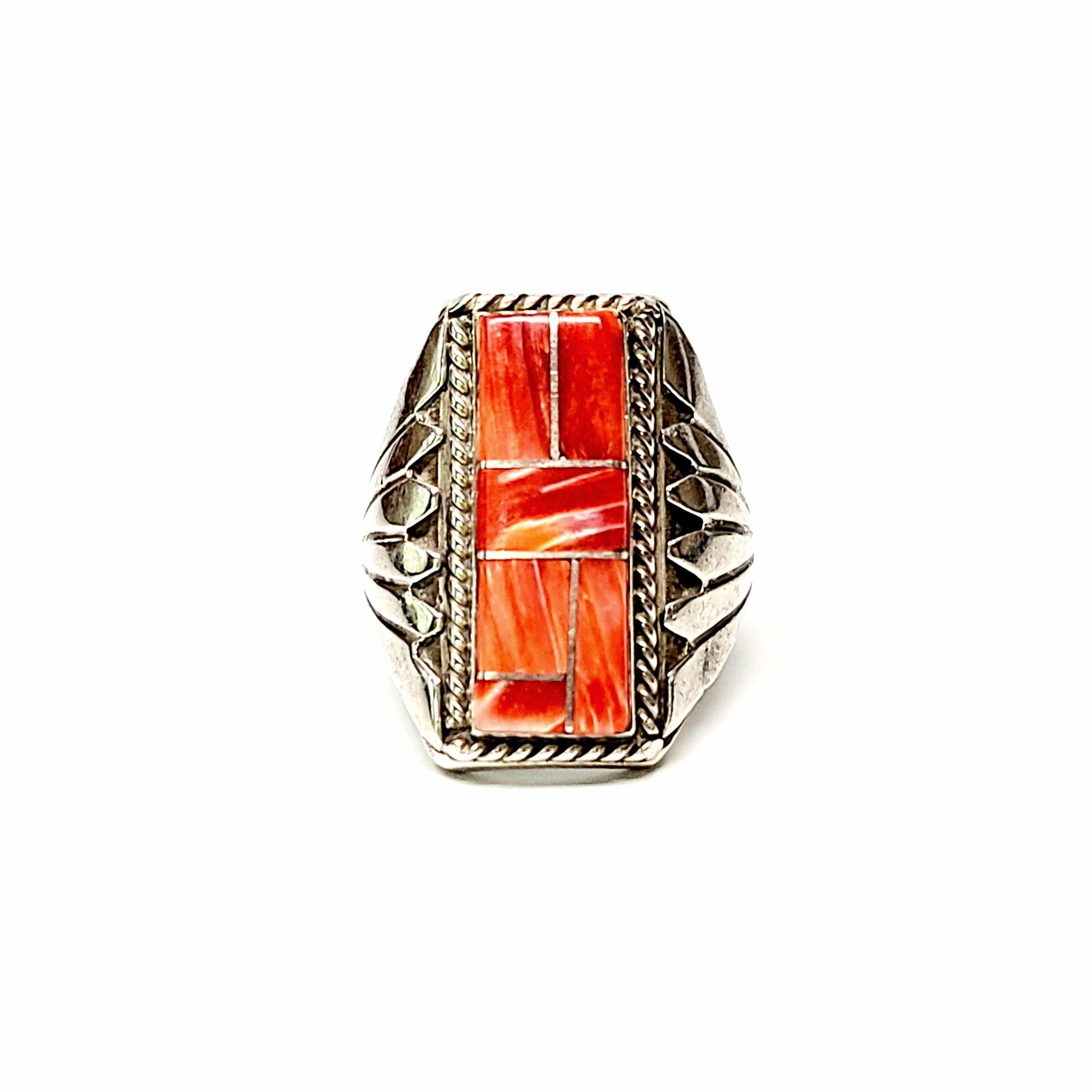Signed Native American Sterling Silver Spiny Oyster Inlay Men's Ring 3