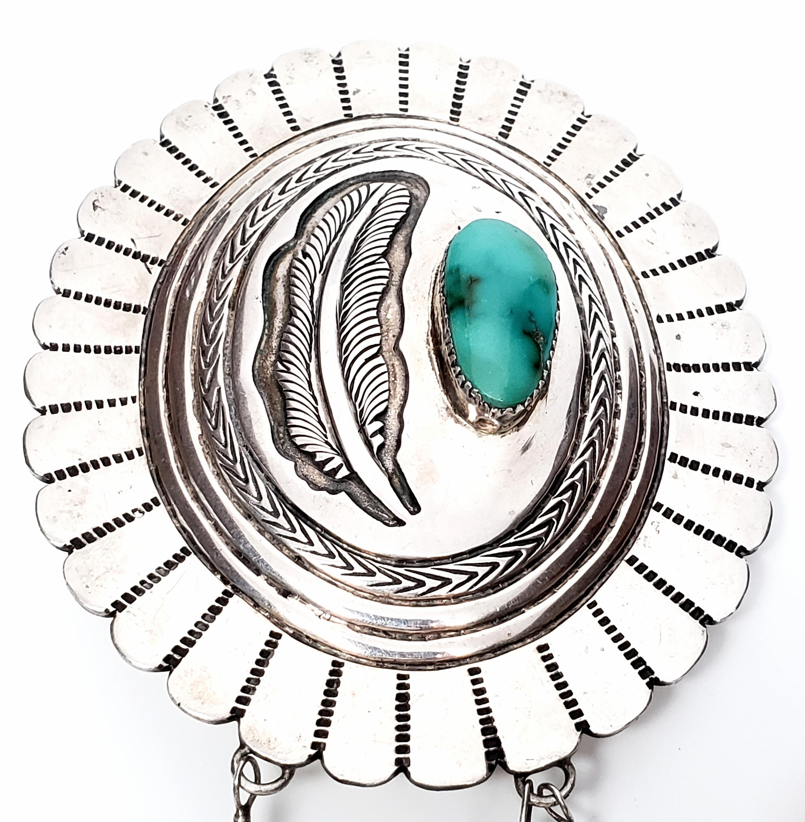 Signed Native American Sterling Silver Turquoise Concho Bolo Tie 'No Leather' In Good Condition In Washington Depot, CT