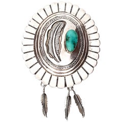 Cravate amérindienne Concho Bolo en argent sterling et turquoise, signée « No Leather »