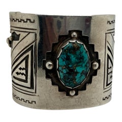 Signed Native American Sterling Silver Turquoise Cuff Bracelet with Overlay