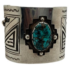 Signed Native American Sterling Silver Turquoise Cuff Bracelet with Overlay