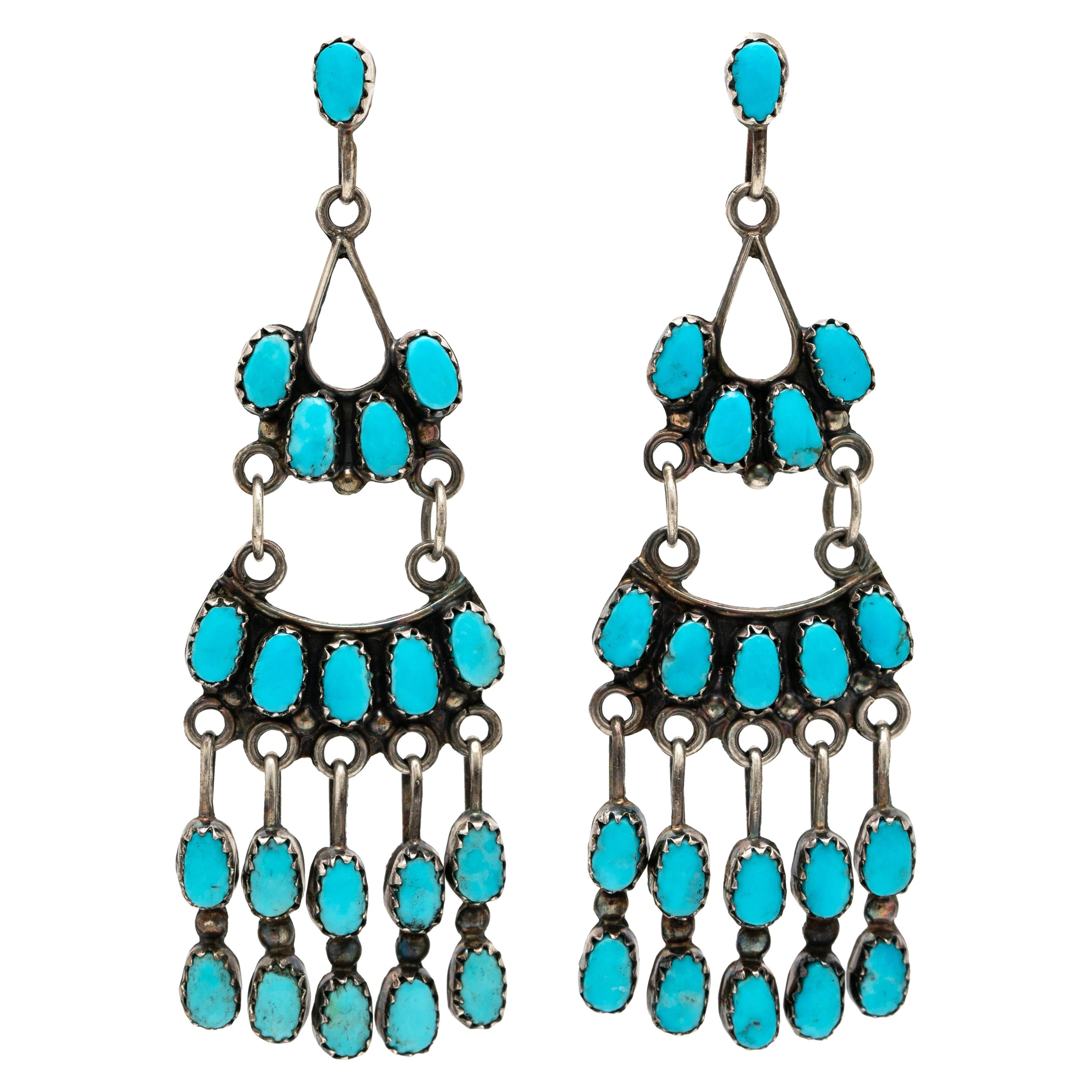 Signed Native American Zuni Silver and Turquoise Chandelier Earrings