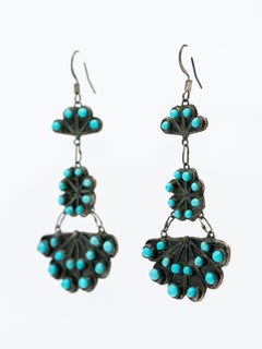 Vintage Native American Zuni Silver and Turquoise Fan Motif Earrings
