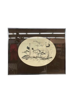 Signierte nautische Feder und Tinte Segeln Szene Kunstwerk - gerahmt Maritime Illustration