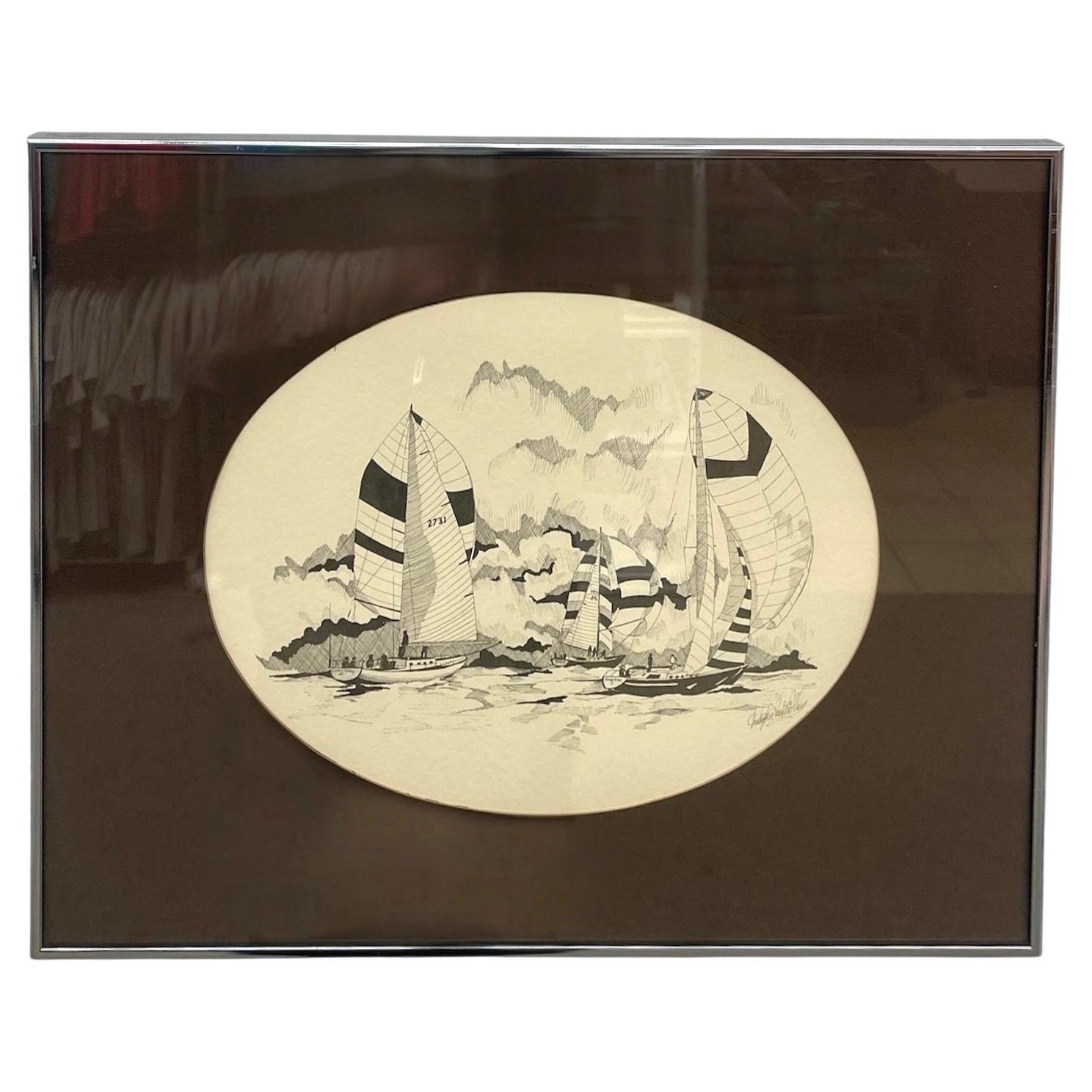 Signed Nautical Pen-and-Ink Sailing Scene Artwork - Framed Maritime Illustration For Sale