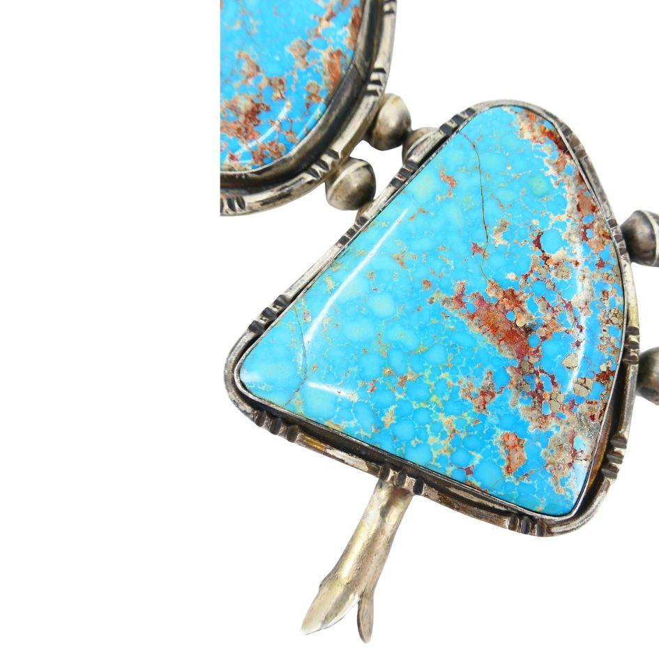 Signed Navajo Native Indian Sterling Silver Turquoise Squash Blossom Necklace For Sale 7