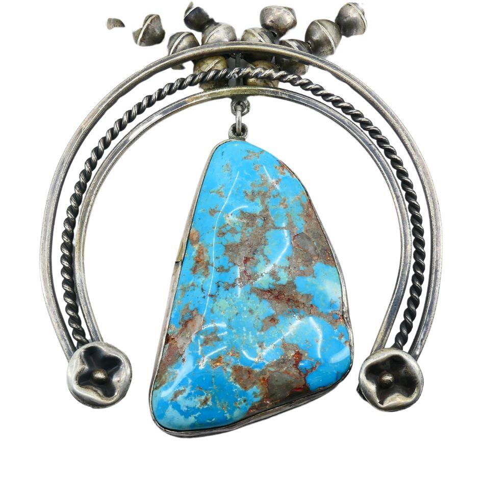 Cabochon Signed Navajo Native Indian Sterling Silver Turquoise Squash Blossom Necklace For Sale
