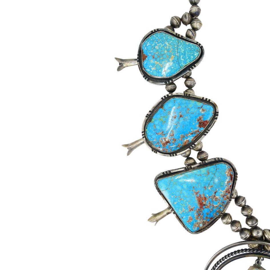 Signed Navajo Native Indian Sterling Silver Turquoise Squash Blossom Necklace In Good Condition For Sale In Beverly Hills, CA