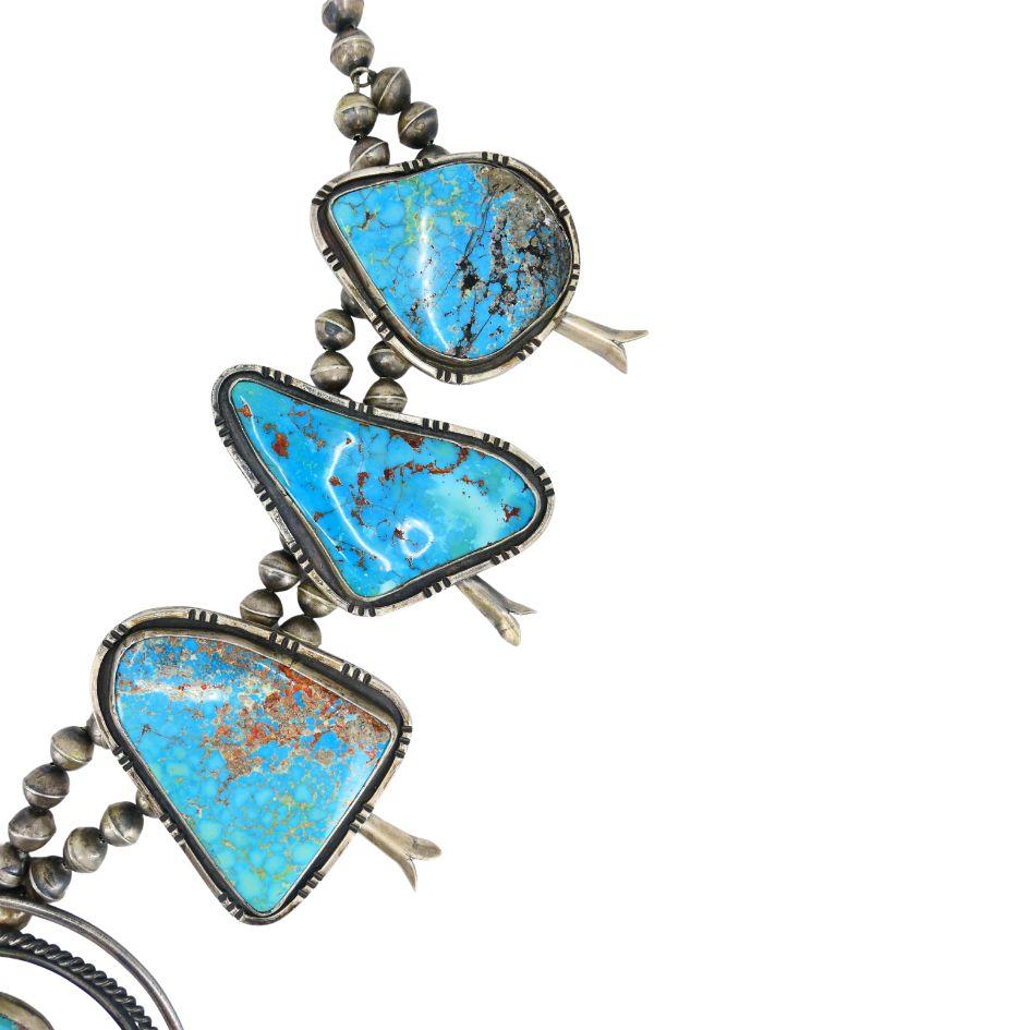 Women's or Men's Signed Navajo Native Indian Sterling Silver Turquoise Squash Blossom Necklace For Sale