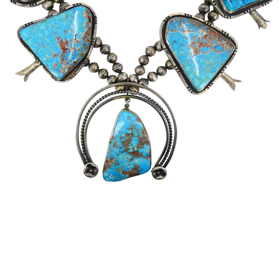 Signed Navajo Native Indian Sterling Silver Turquoise Squash Blossom Necklace For Sale 1