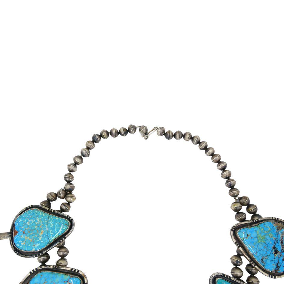 Signed Navajo Native Indian Sterling Silver Turquoise Squash Blossom Necklace For Sale 2