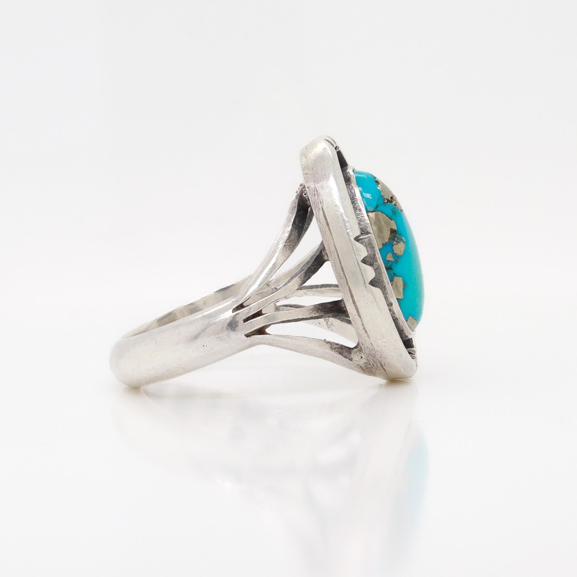 Signiert Navajo Oscar Alexius Sterling Silber & Morenci Türkis Ring im Angebot 5