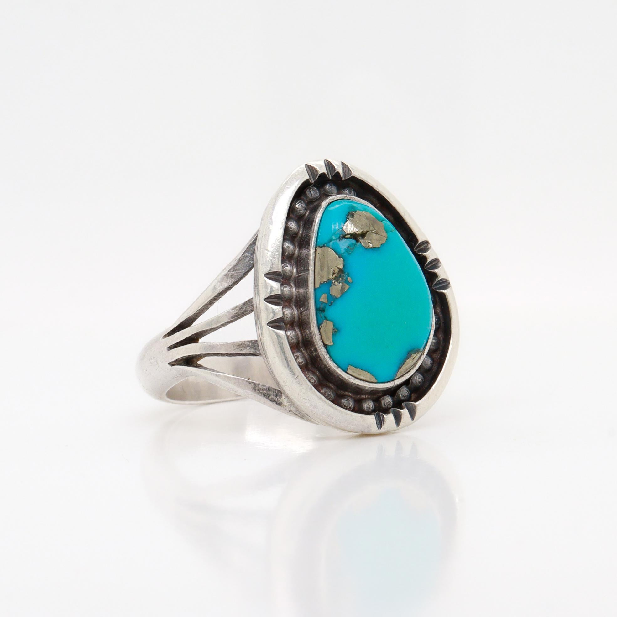 Signiert Navajo Oscar Alexius Sterling Silber & Morenci Türkis Ring im Angebot 6