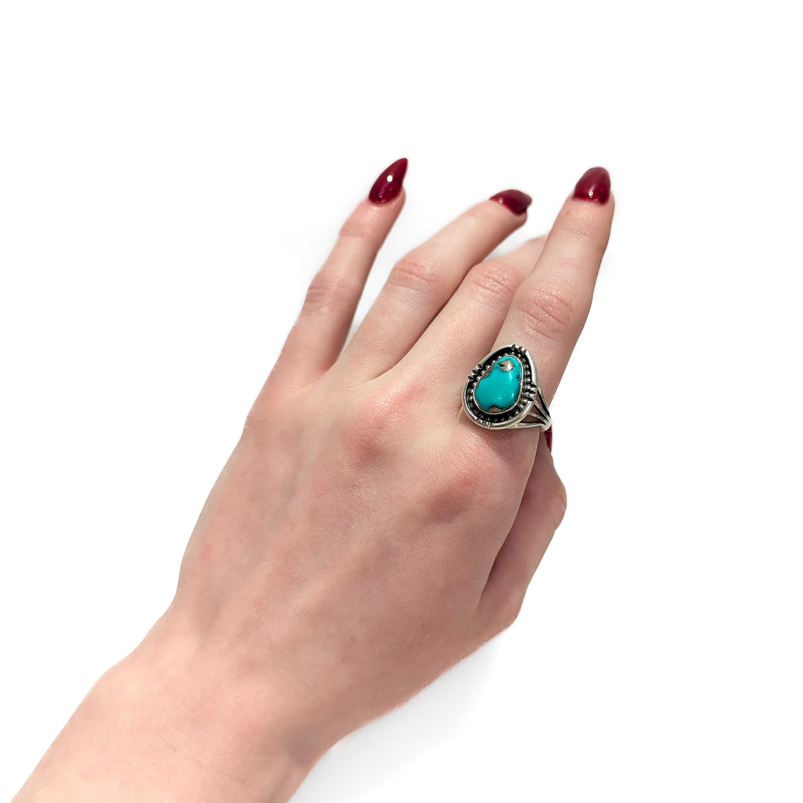 Signiert Navajo Oscar Alexius Sterling Silber & Morenci Türkis Ring (Cabochon) im Angebot