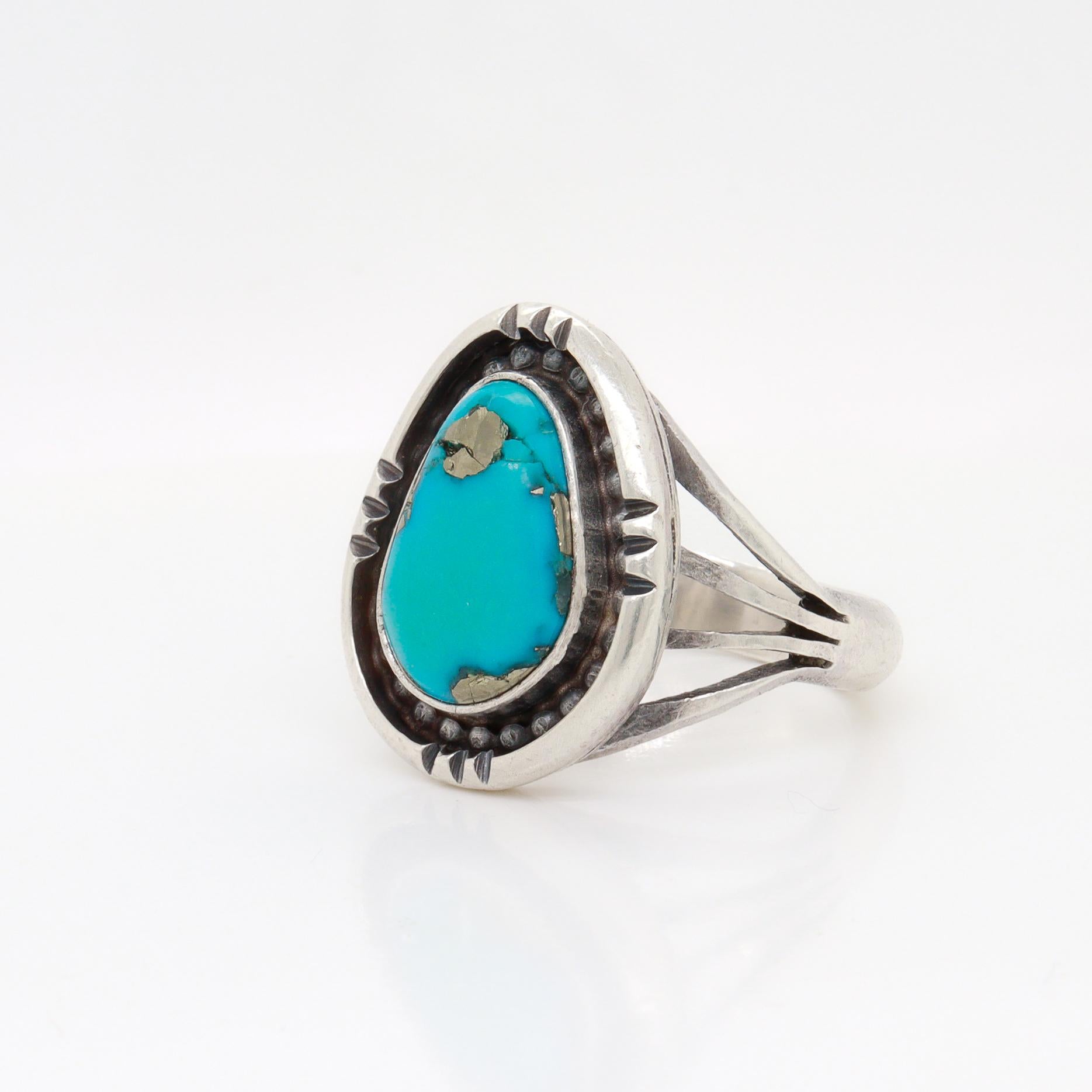 Signiert Navajo Oscar Alexius Sterling Silber & Morenci Türkis Ring im Angebot 1