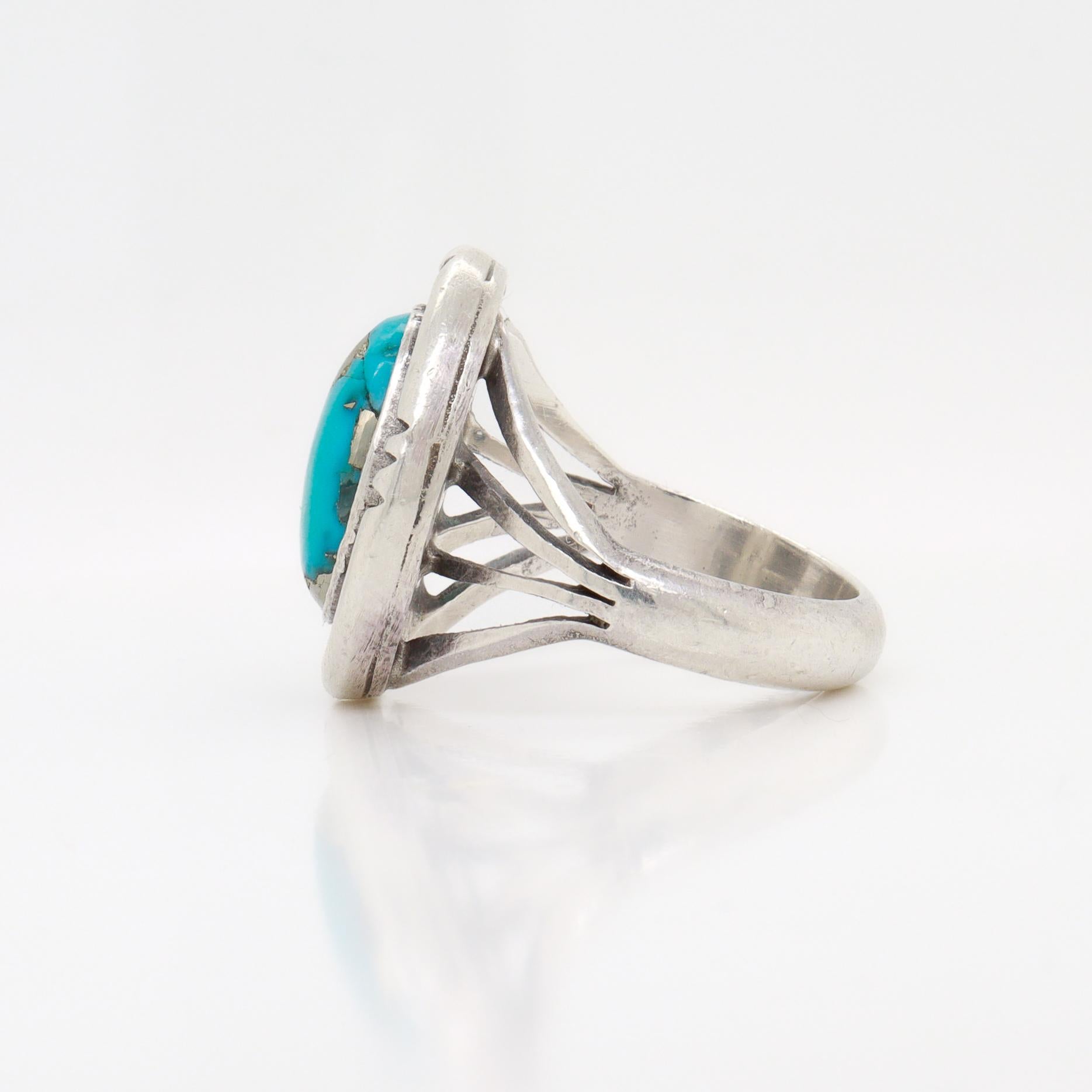 Signiert Navajo Oscar Alexius Sterling Silber & Morenci Türkis Ring im Angebot 2