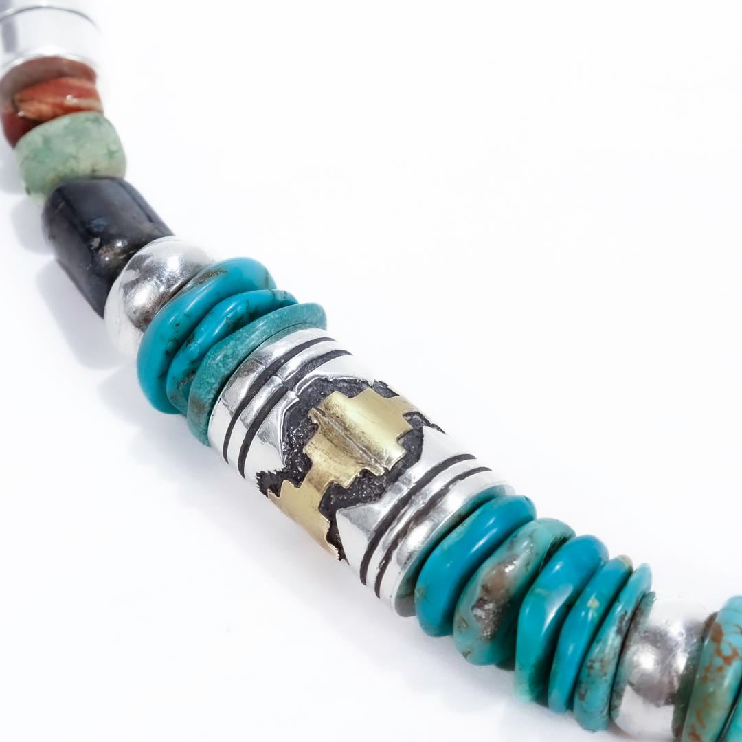 Signed Navajo Tommy Singer Sterling Silver, Turquoise & Gemstone Beaded Necklace For Sale 3