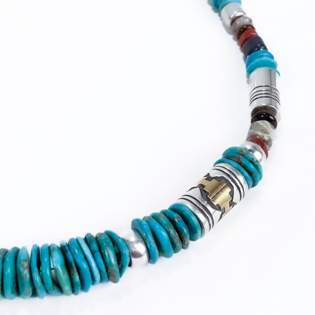 Signed Navajo Tommy Singer Sterling Silver, Turquoise & Gemstone Beaded Necklace For Sale 4