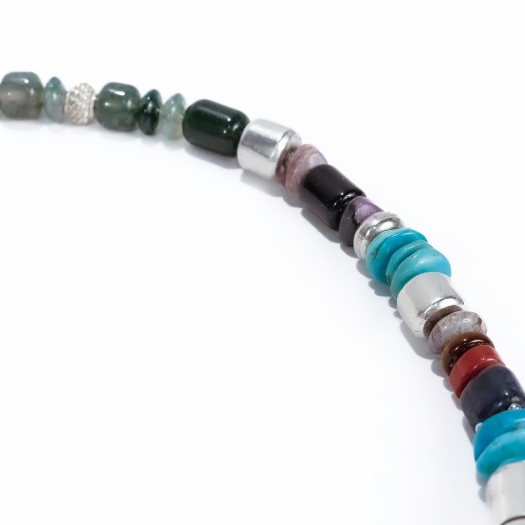 Signed Navajo Tommy Singer Sterling Silver, Turquoise & Gemstone Beaded Necklace For Sale 5
