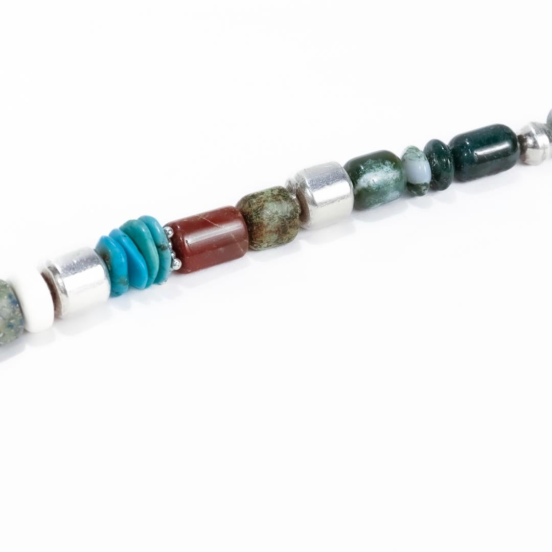 Signed Navajo Tommy Singer Sterling Silver, Turquoise & Gemstone Beaded Necklace For Sale 6