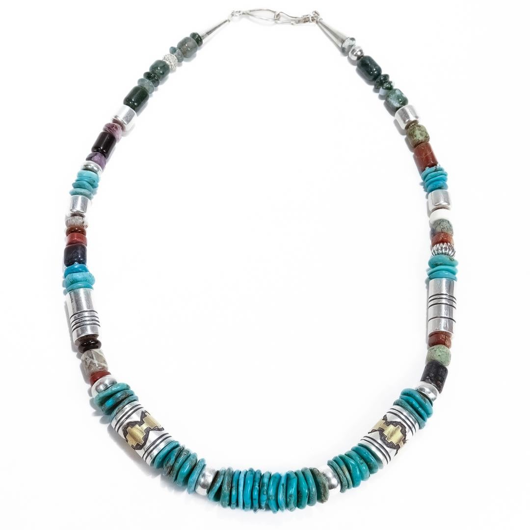 Amérindien Collier de perles signé Navajo Tommy Singer en argent sterling, turquoise et pierres précieuses en vente