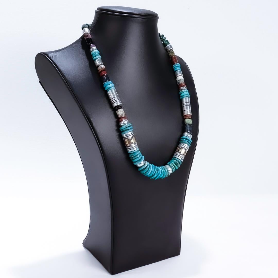 Collier de perles signé Navajo Tommy Singer en argent sterling, turquoise et pierres précieuses Pour femmes en vente