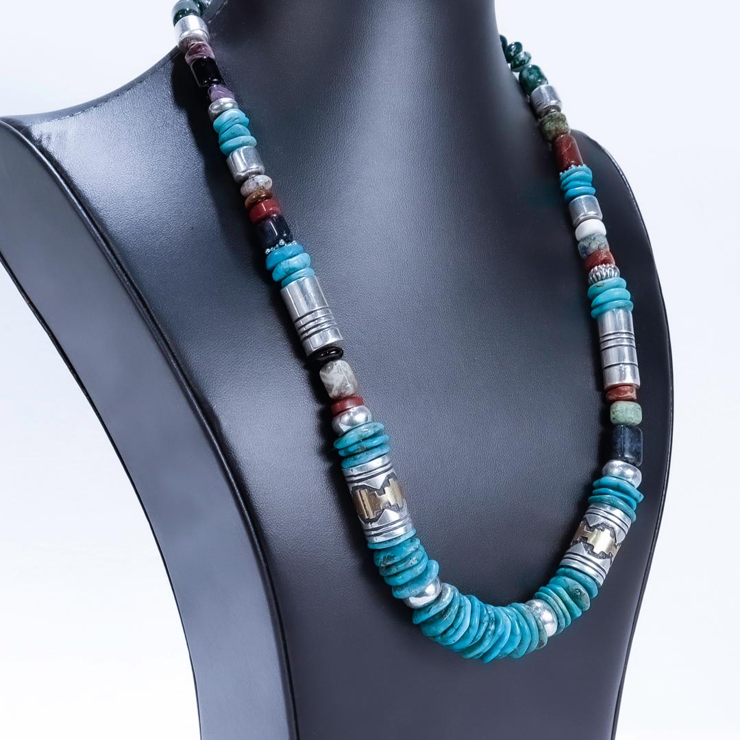 Collier de perles signé Navajo Tommy Singer en argent sterling, turquoise et pierres précieuses en vente 1