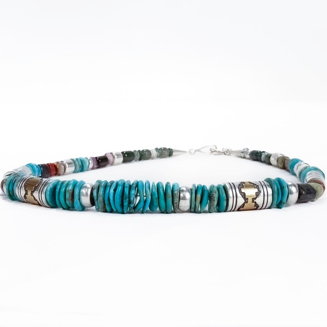 Collier de perles signé Navajo Tommy Singer en argent sterling, turquoise et pierres précieuses en vente 2