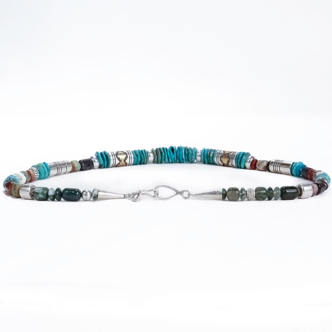 Signed Navajo Tommy Singer Sterling Silver, Turquoise & Gemstone Beaded Necklace For Sale 2