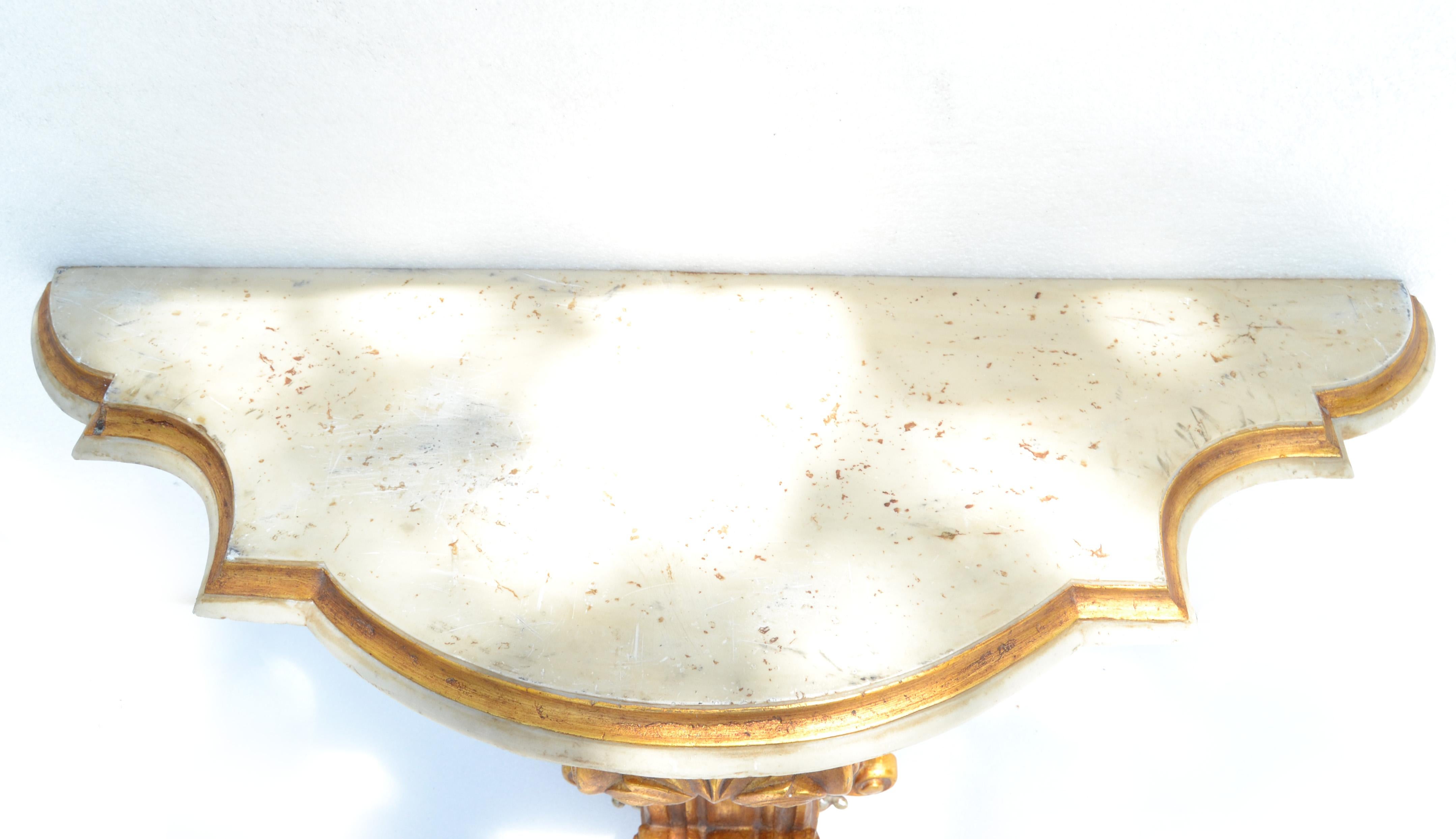 Signed Neoclassical Wall-Mounted Carved Gilt Wood & Marble Console Table, Spain For Sale 4
