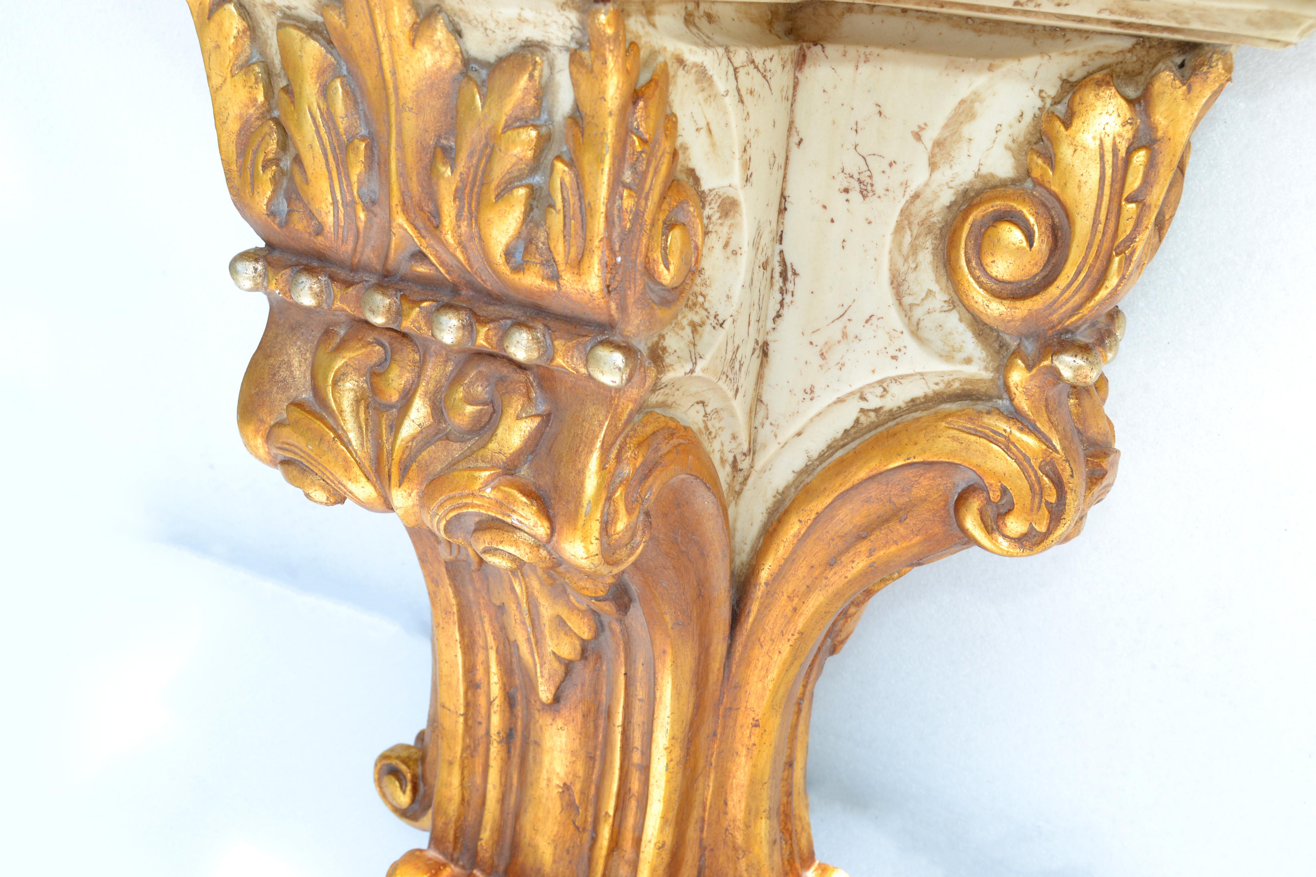 Signed Neoclassical Wall-Mounted Carved Gilt Wood & Marble Console Table, Spain For Sale 5