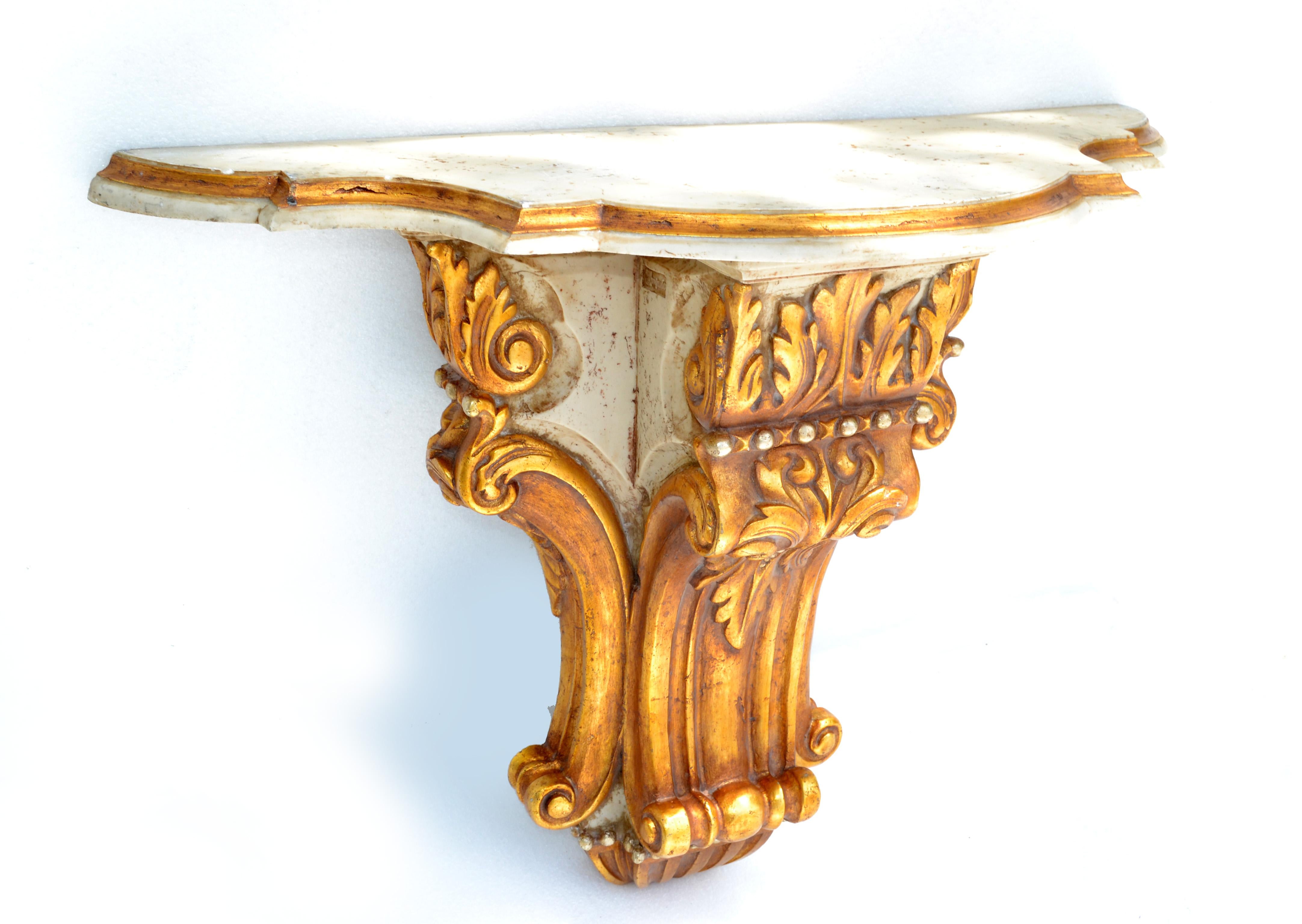 Signed Neoclassical Wall-Mounted Carved Gilt Wood & Marble Console Table, Spain For Sale 7