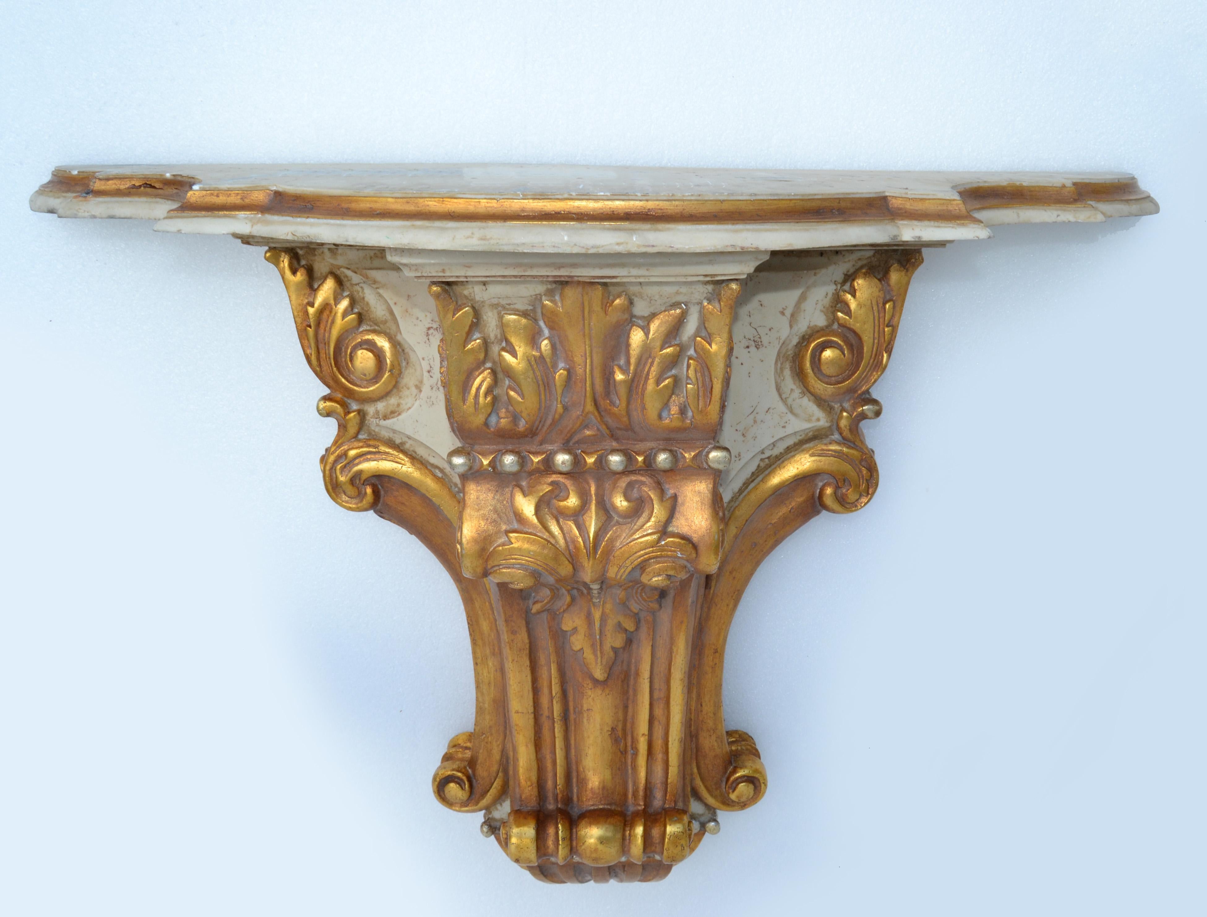 Signed Neoclassical Wall-Mounted Carved Gilt Wood & Marble Console Table, Spain For Sale 8
