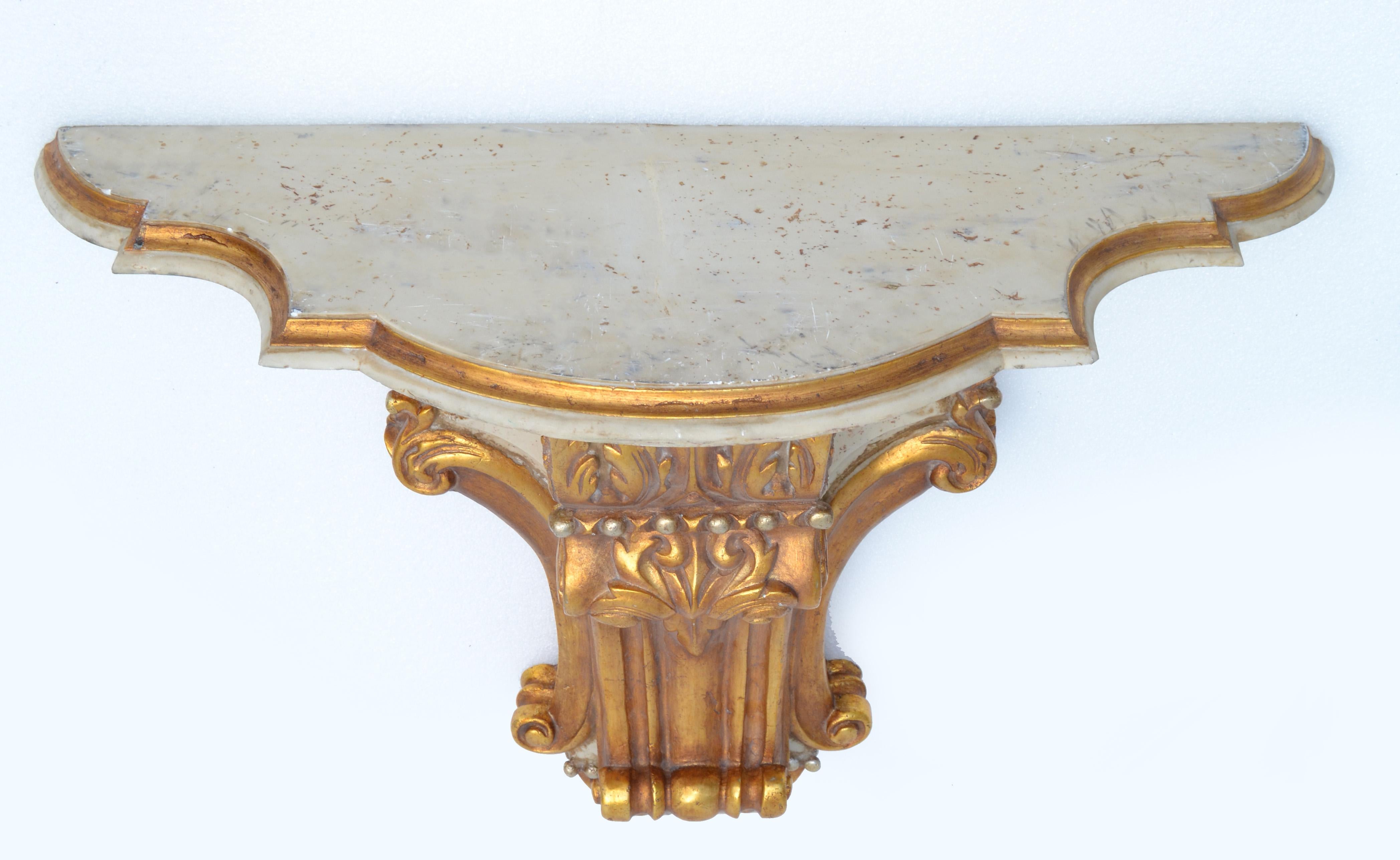 Spanish Signed Neoclassical Wall-Mounted Carved Gilt Wood & Marble Console Table, Spain For Sale