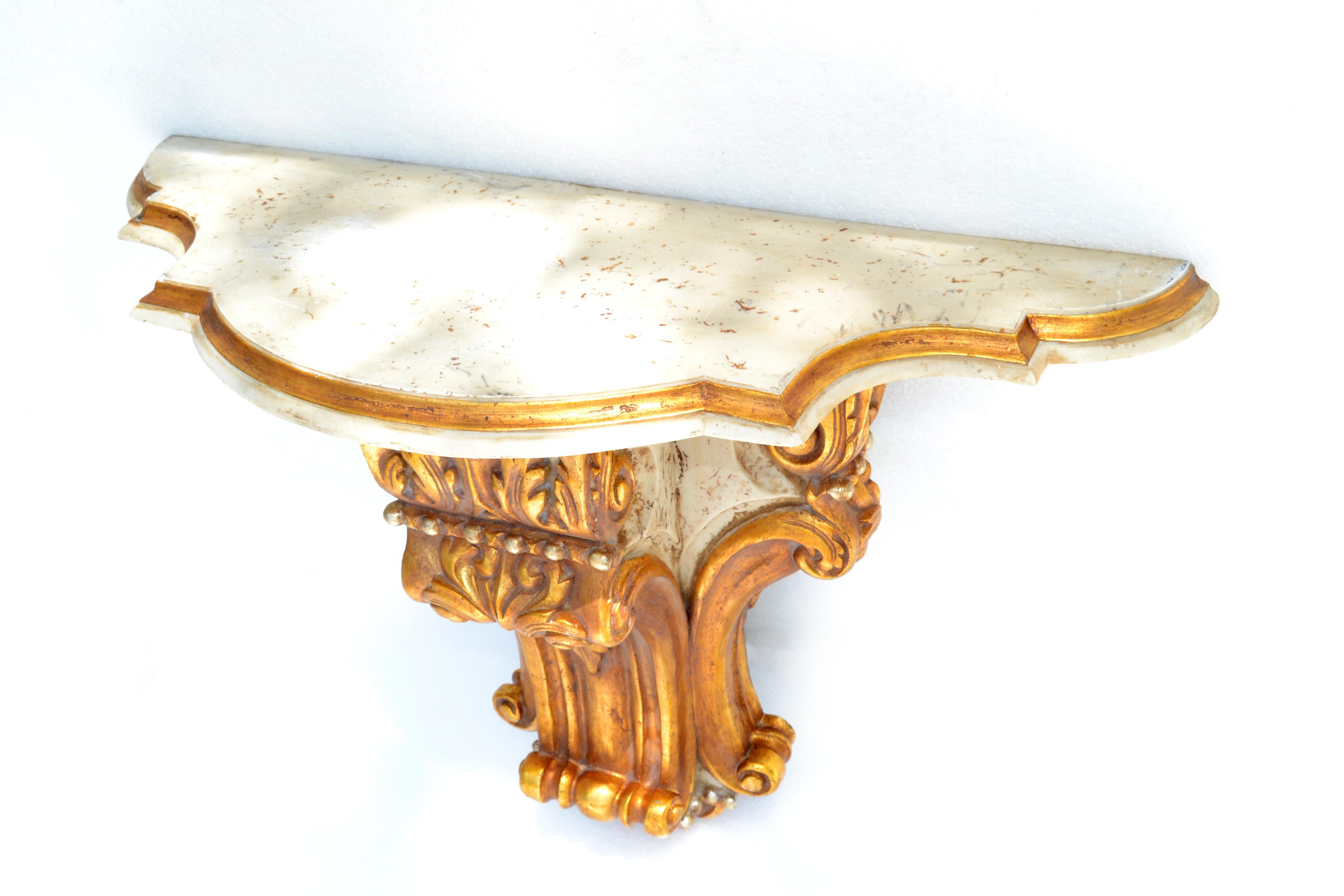 Hand-Carved Signed Neoclassical Wall-Mounted Carved Gilt Wood & Marble Console Table, Spain For Sale