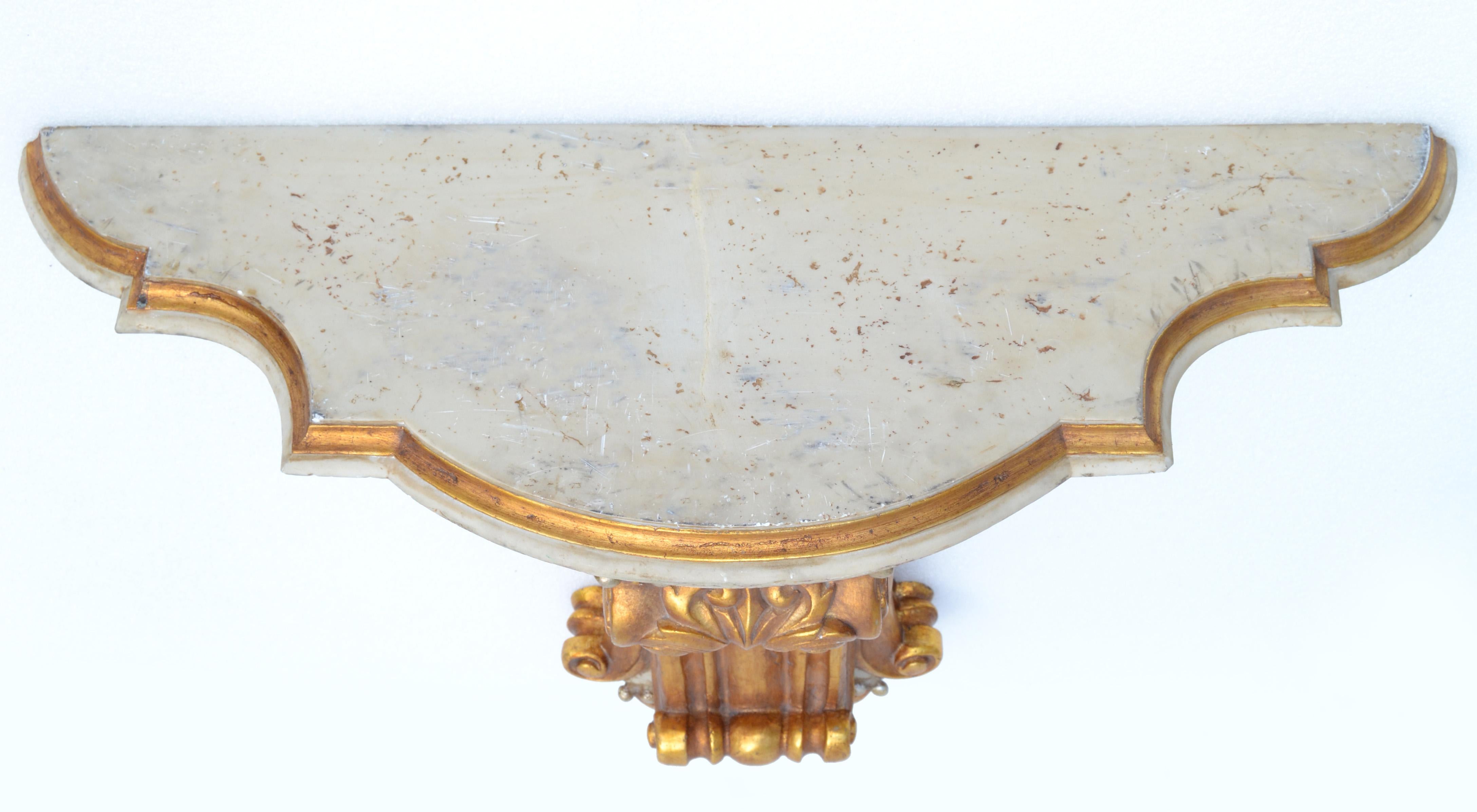 20th Century Signed Neoclassical Wall-Mounted Carved Gilt Wood & Marble Console Table, Spain For Sale