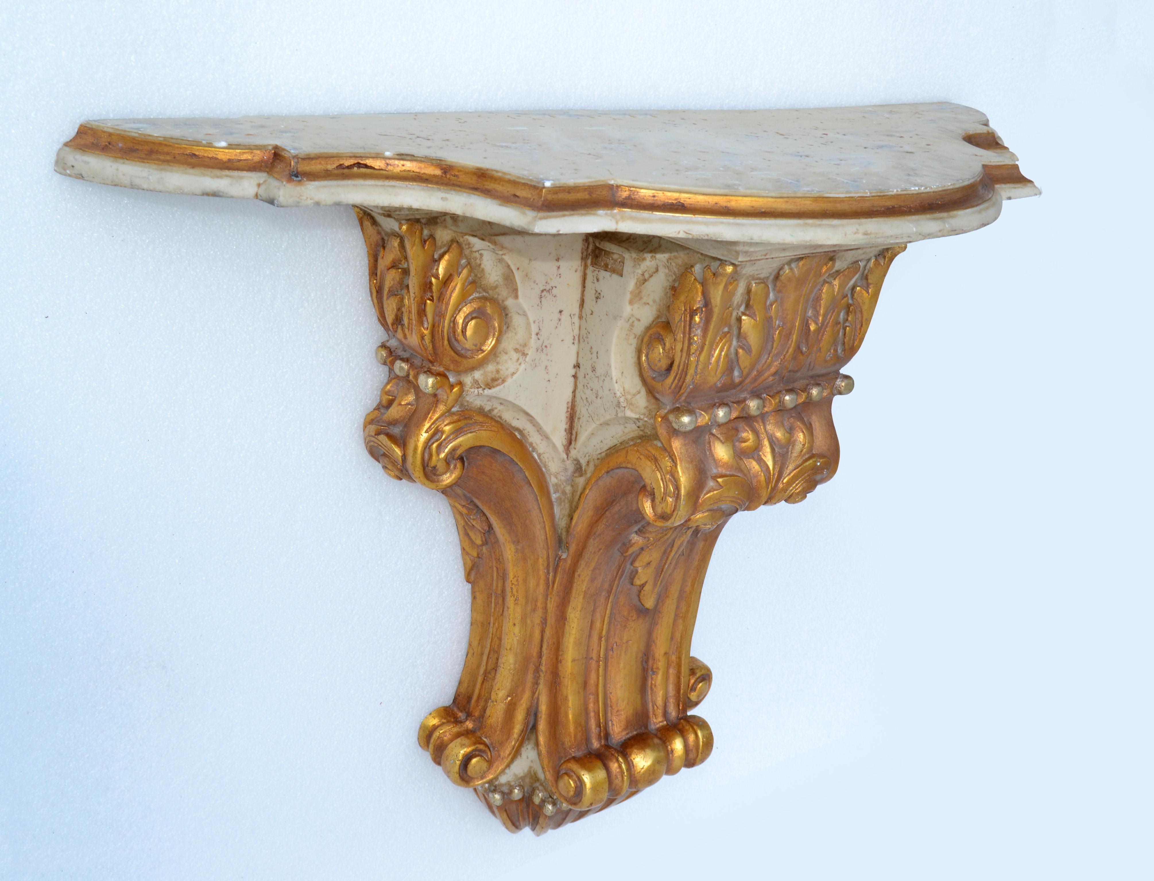 Signed Neoclassical Wall-Mounted Carved Gilt Wood & Marble Console Table, Spain For Sale 1