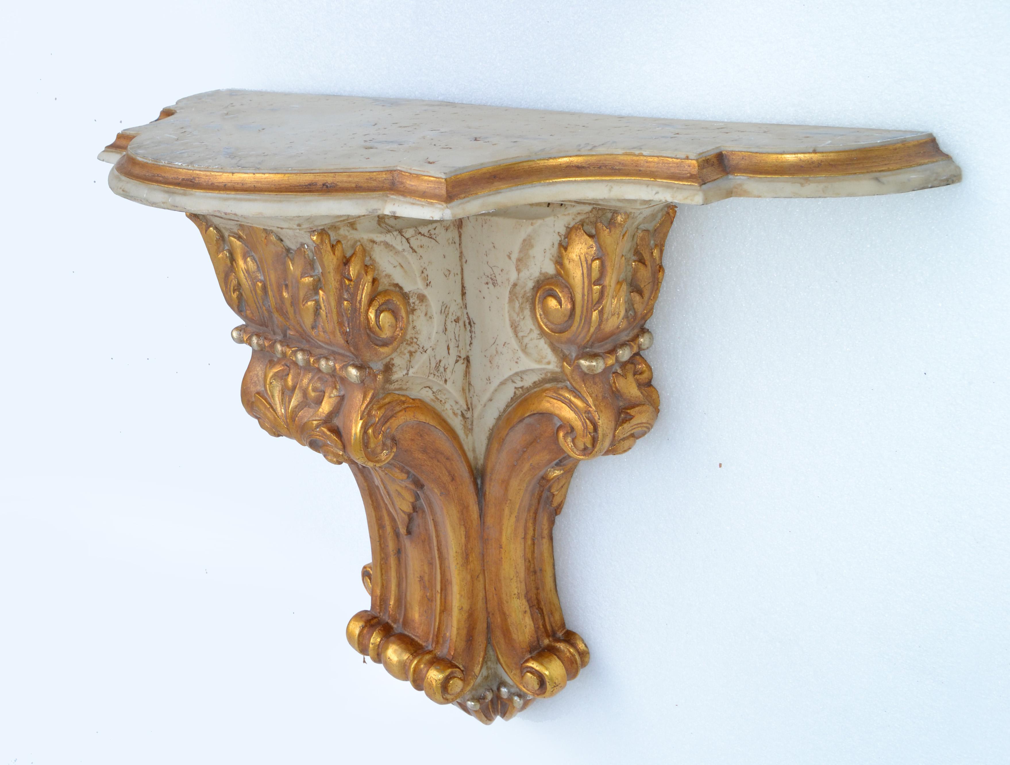 Signed Neoclassical Wall-Mounted Carved Gilt Wood & Marble Console Table, Spain For Sale 2