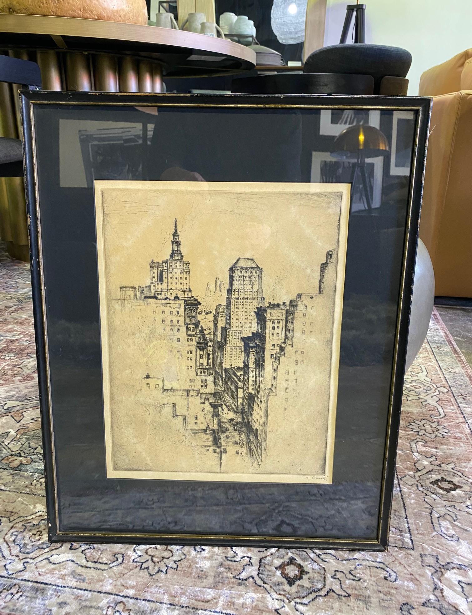 A wonderful, attractive, and striking image of the New York City skyline and towering classic buildings by German artist Anton Schutz.  Schutz was commissioned by The New York Times to make etchings of New York and other American cities.

Signed by