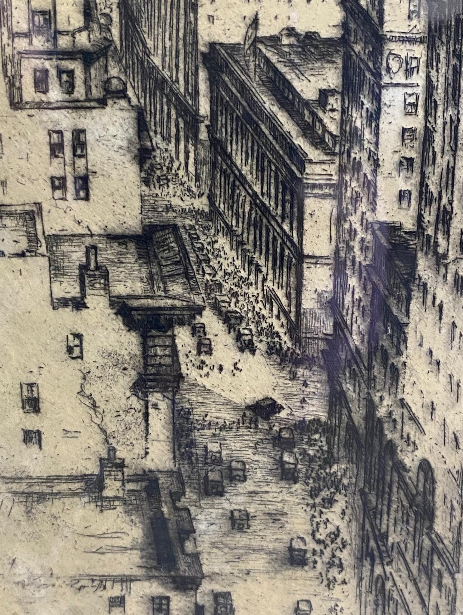 Modern Anton Schutz Signed New York City Cityscape Skyline Etching The New Wall Street For Sale