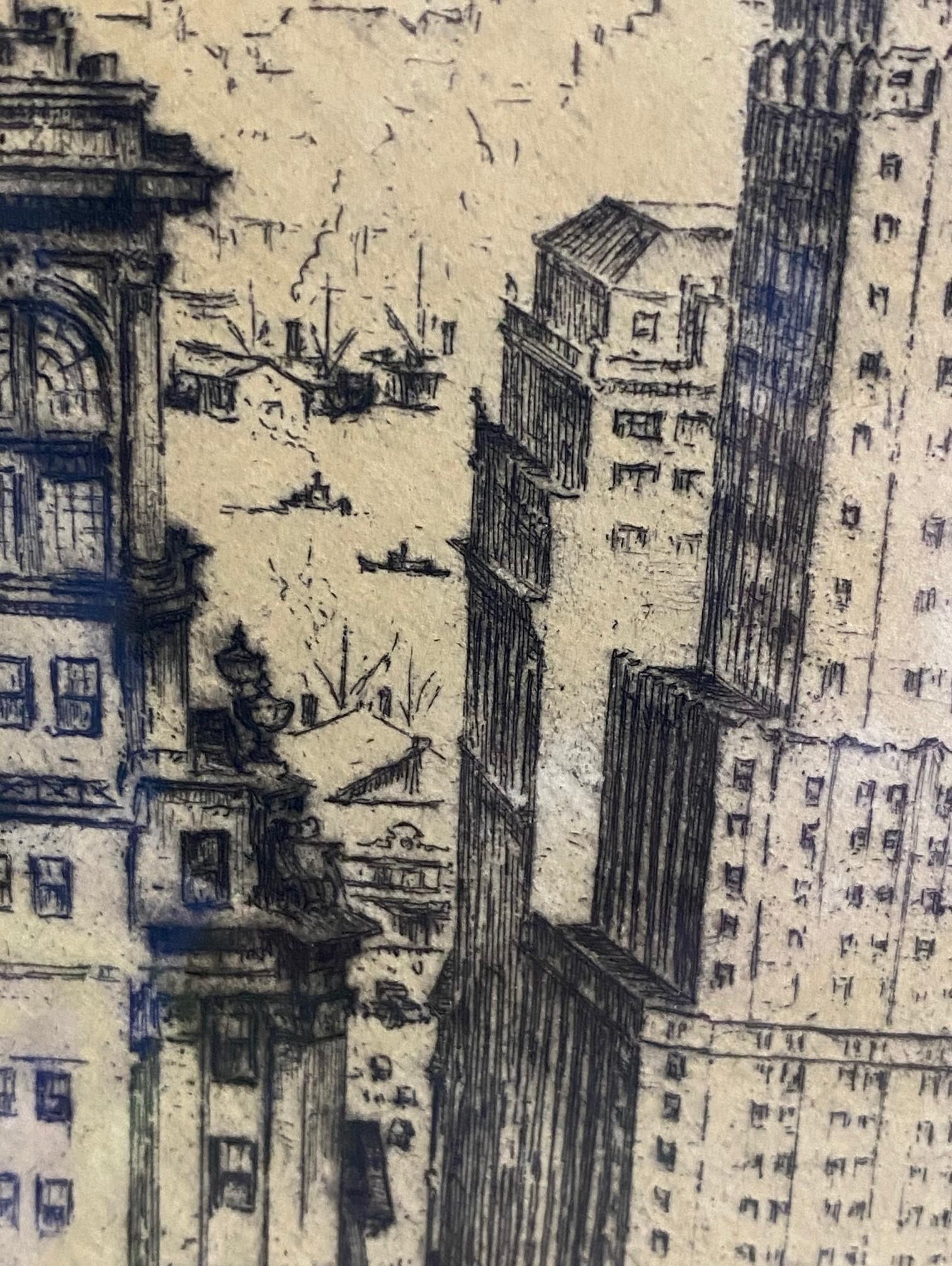 Anton Schutz Signed New York City Cityscape Skyline Etching The New Wall Street In Good Condition For Sale In Studio City, CA
