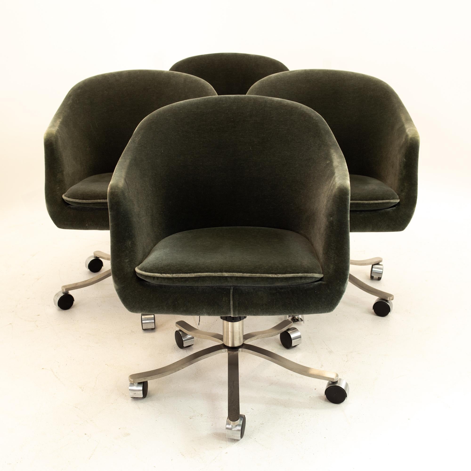 Signed Nicos Zographos Mohair Mid Century armchairs - Set of 4
Each chair measures: 26.25 wide x 26.5 deep x 32 high

All pieces of furniture can be had in what we call restored vintage condition. That means the piece is restored upon purchase so