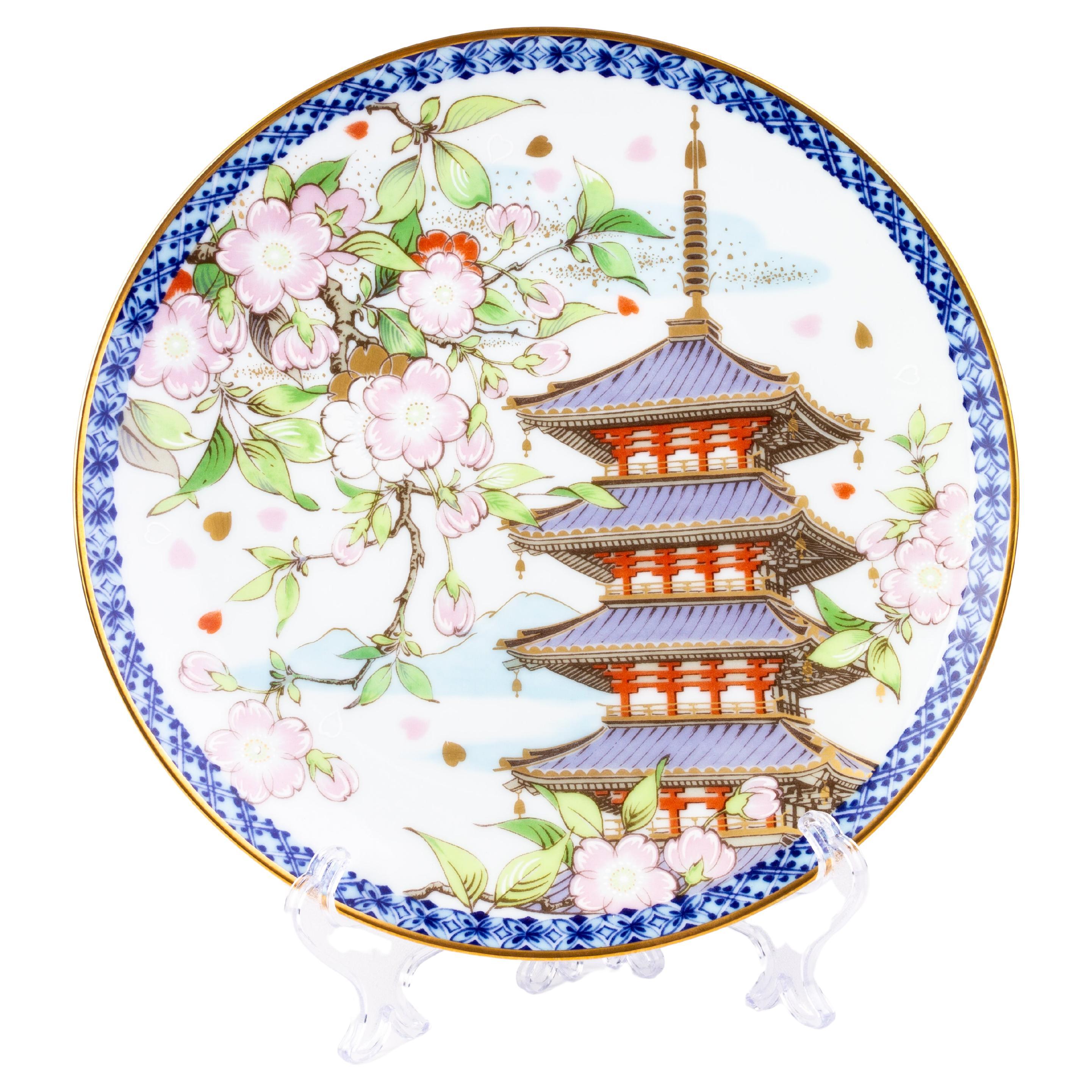 Signed Noritake Japanese Porcelain Spring Pagoda Plate  For Sale