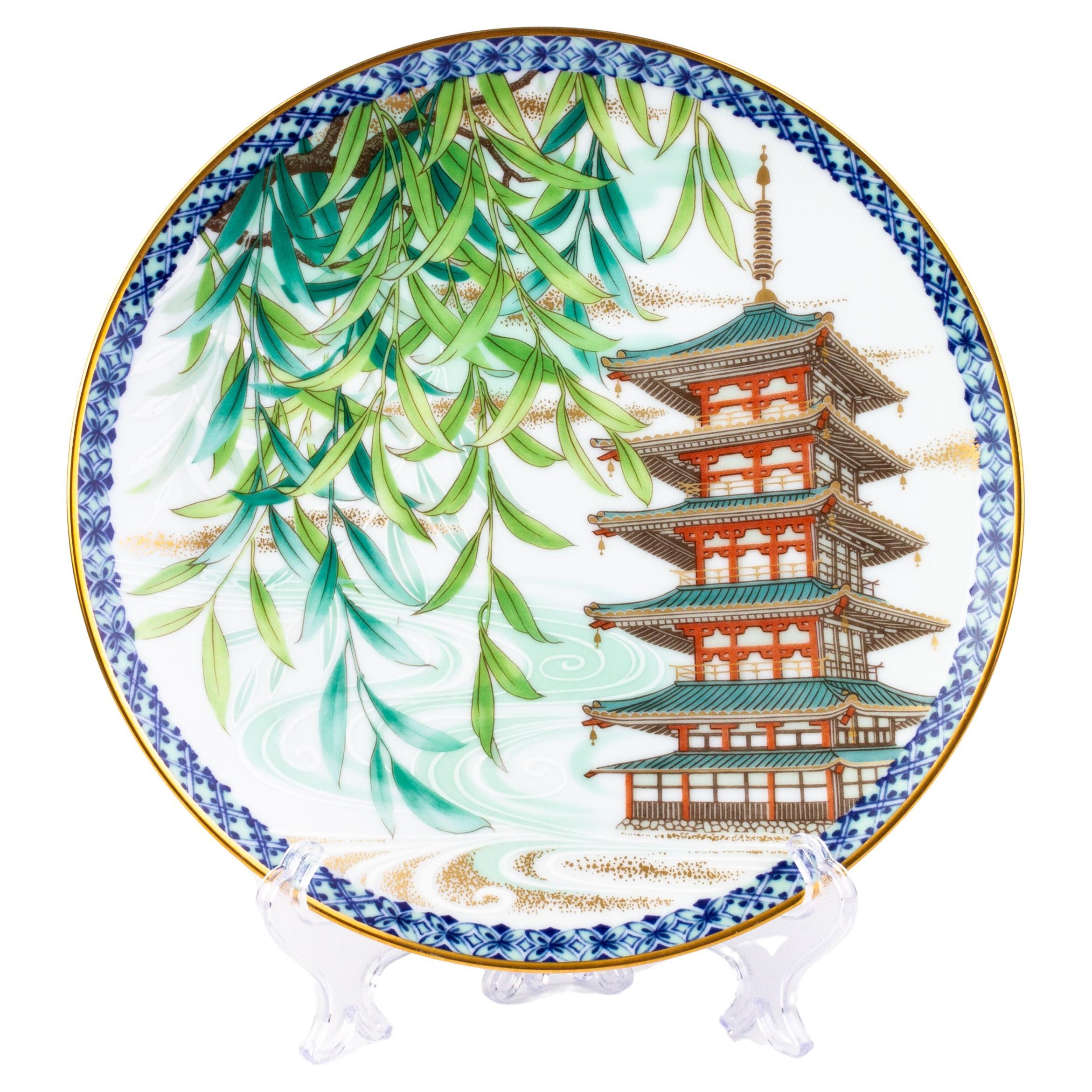 Signed Noritake Japanese Porcelain Summer Pagoda Plate  For Sale