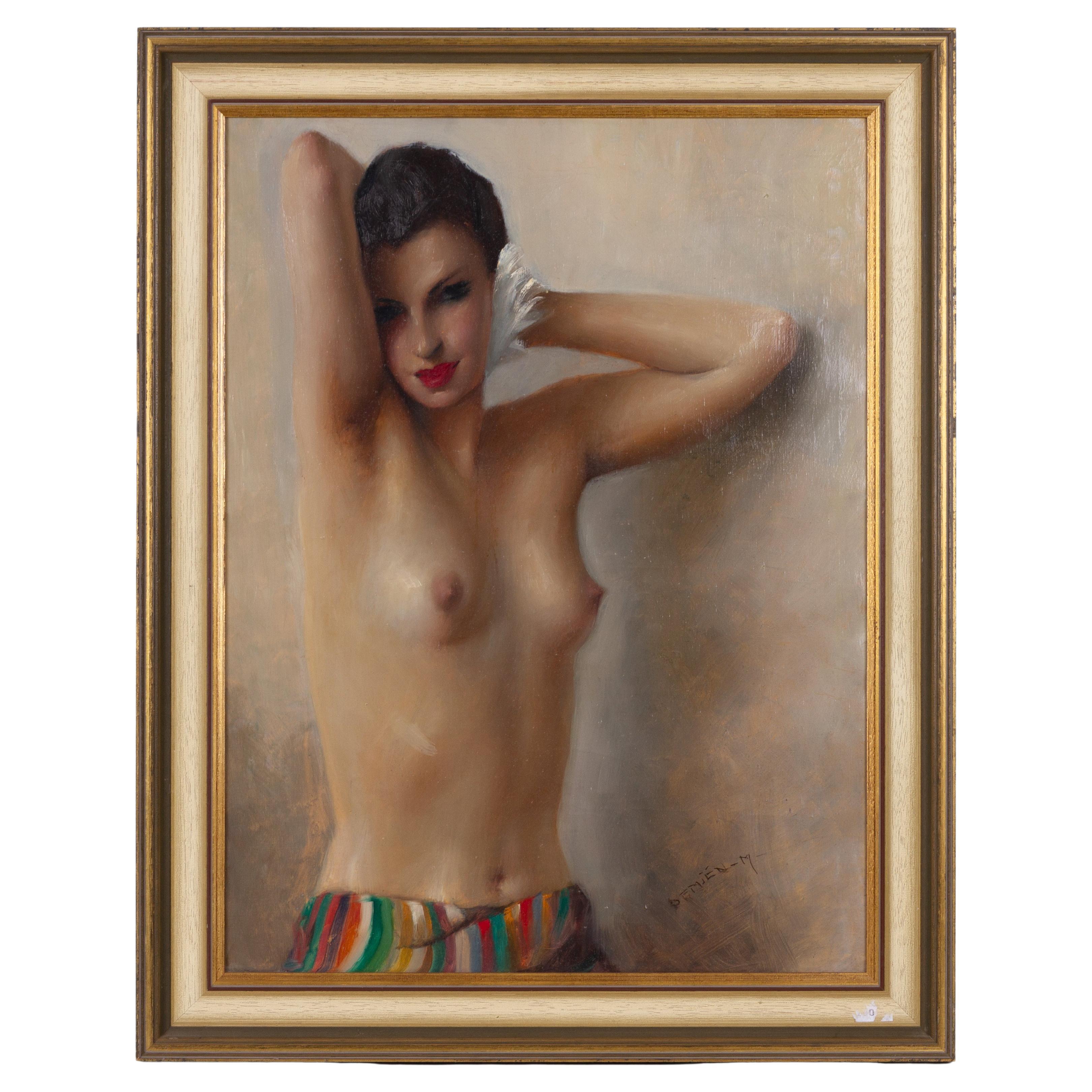 Signed Nude Portrait Oil Painting  