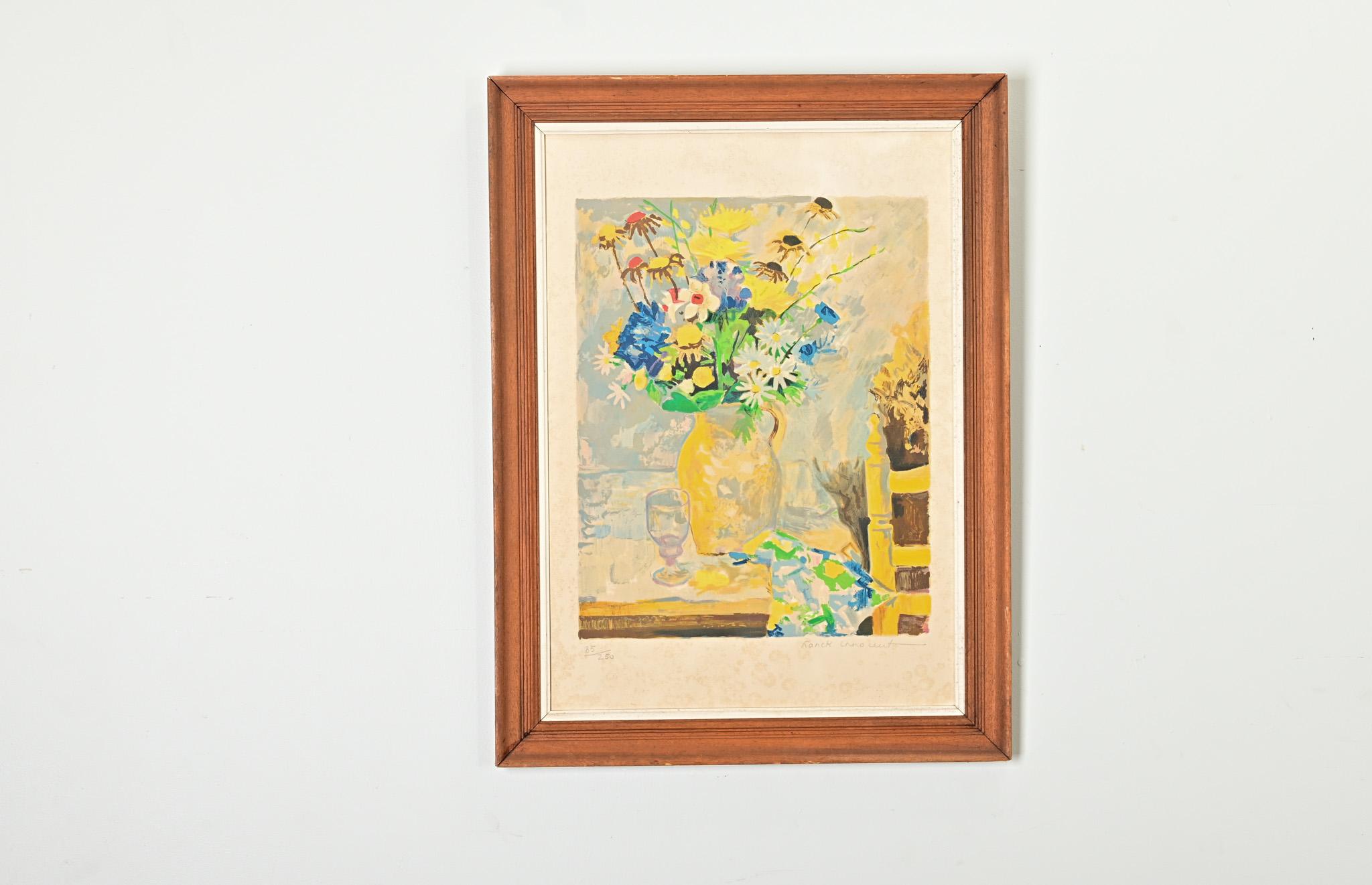 A vibrant French still life painting by the artist Franck Innocent, recreated as a signed and numbered lithograph print circa 1970. In a mostly gold and blue palette, the highly accomplished 20th century artist has captured the effortless elegance