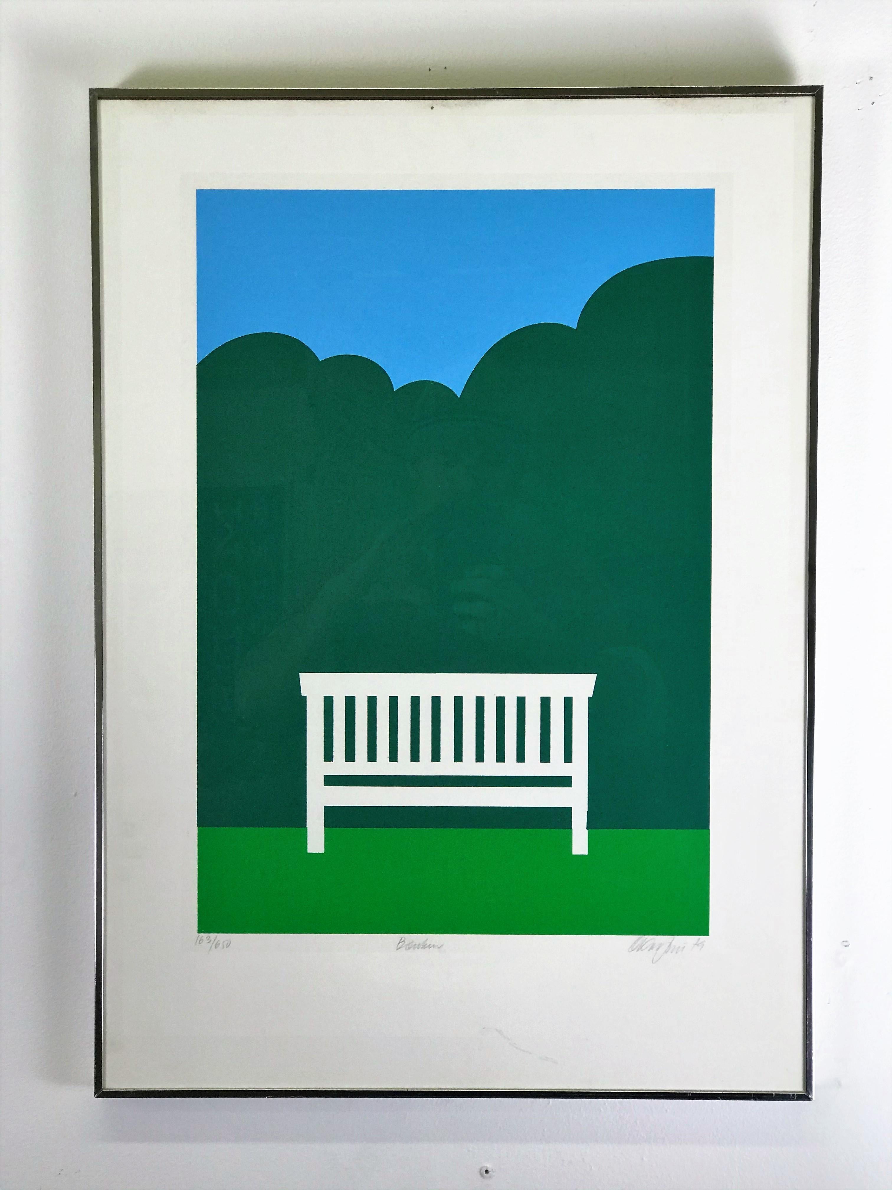 Excellent serigraph by Danish artist Ole Kortzau signed dated '79 and numbered 163/650. “The Bench” 

Excellent color with minor dirt under the frame at the top - photographed.
Measures: 27.5