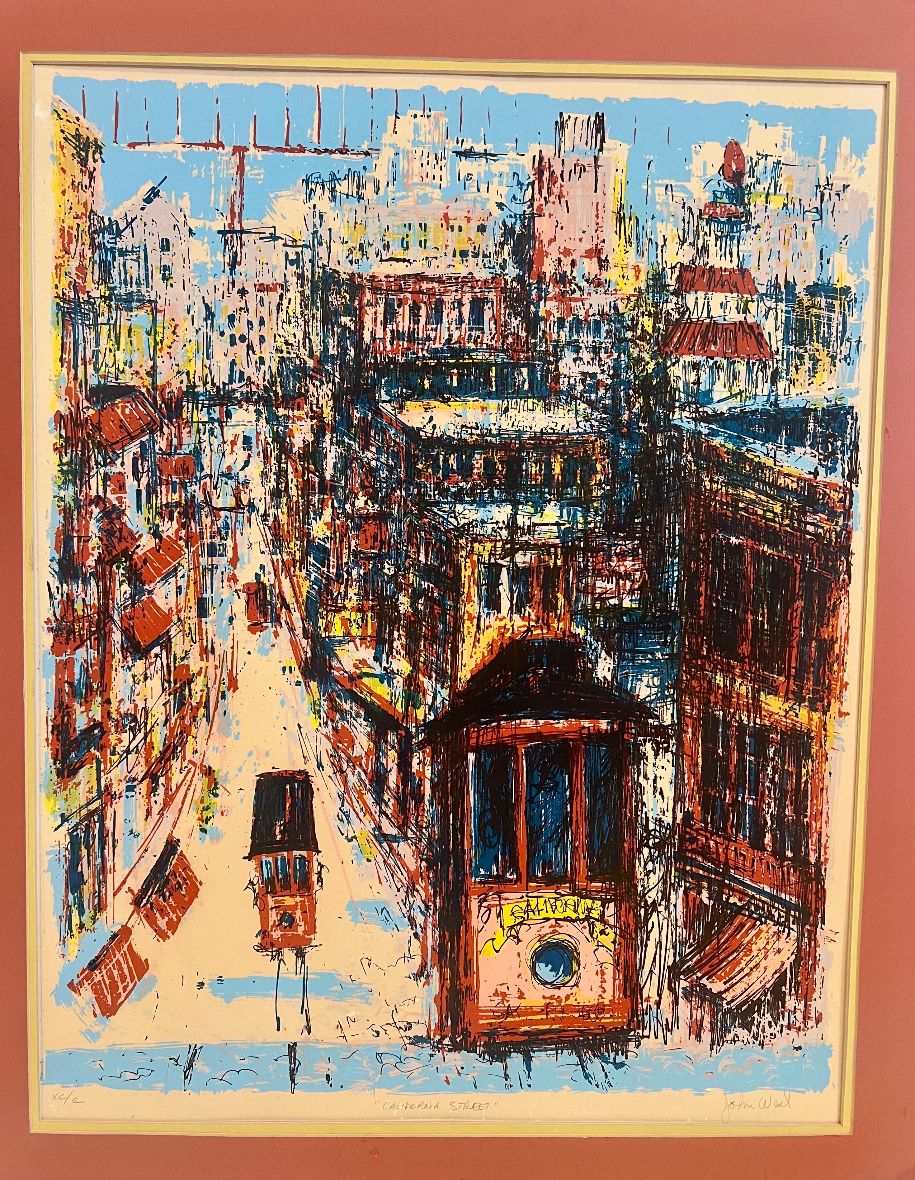 Lithographie originale colorée de John West , circa 1970's intitulée California street , cable car from San Francisco numérotée en chiffres romains 90/100 signée par l'artiste avec cadre en aluminium et passe-partout sans verre.